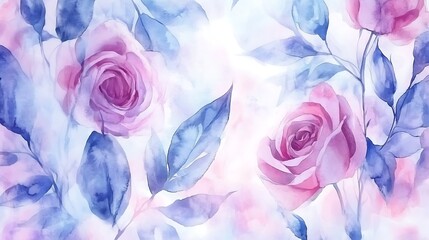 Poster - Delicate watercolor floral pattern featuring soft pink roses and gentle blue leaves creating a serene atmosphere