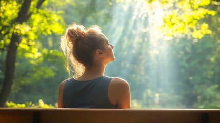Poster - A young woman with a bun relaxes on a bench, absorbing sunlight streaming through the trees in a peaceful forest. The moment captures tranquility and connection with nature.