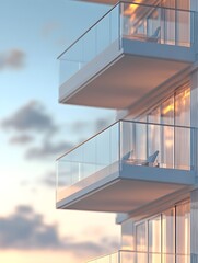Poster - Modern apartment building balconies at sunset with glass railings reflecting warm light and a serene atmosphere, perfect for urban living and architectural beauty