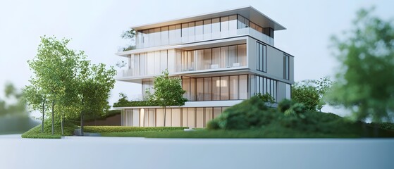 Poster - Modern architectural design of a sleek three-story house surrounded by greenery, showcasing large windows and a contemporary aesthetic with a landscaped exterior
