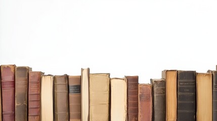 Aufkleber - A lined collection of books representing different genres rests on a simple white surface, highlighting their varied textures and colors. Generative AI