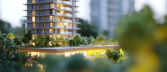 Poster - Urban Architectural Model Showcasing a Modern High-Rise Building Surrounded by Lush Greenery with Soft Evening Lighting and a Serene Environment