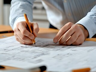Aufkleber - Focused Individual Drawing Architectural Plans with Precision, Holding a Pencil in One Hand, and Notating on Detailed Construction Blueprints on a Wooden Table