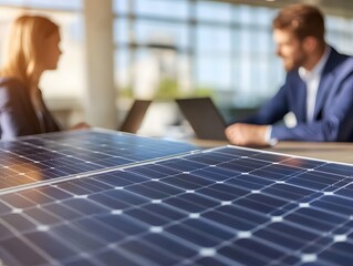 Poster - Business professionals discussing renewable energy solutions with focus on solar panels in a bright, modern office space highlighting sustainable technology options.