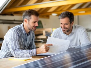 Poster - Two Professional Men Discussing Solar Panel Designs in a Bright Modern Office with Natural Elements and Innovative Ideas for Sustainable Energy Solutions