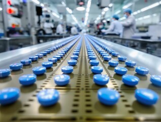 Aufkleber - A modern factory assembly line producing blue pills, highlighting industrial efficiency and precision