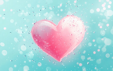 Poster - Heart-shaped object surrounded by water droplets creates a whimsical atmosphere in pastel colors