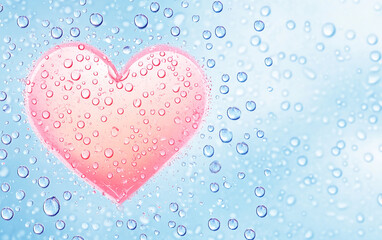 Poster - Colorful heart shape in raindrops against a soft blue background creates a whimsical and romantic atmosphere