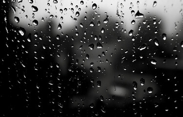 Poster - Raindrops glisten on a window pane during a rainy day in the city as shadows of trees emerge in the background