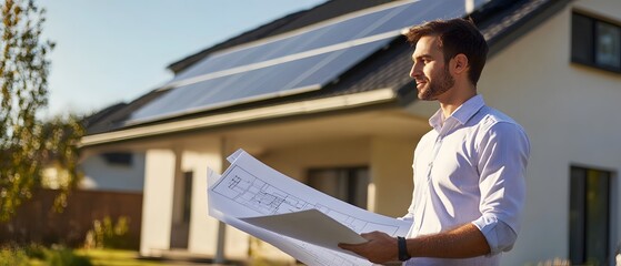 Aufkleber - Young architect holding blueprints outdoors near a modern house equipped with solar panels, showcasing sustainable design and innovative architecture in bright daylight.