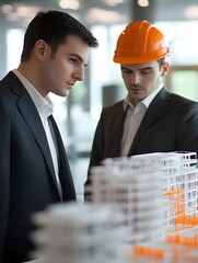 Aufkleber - Two Professional Men Analyzing Architectural Model in Office Environment Discussing Project Progress and Building Design for Construction Industry