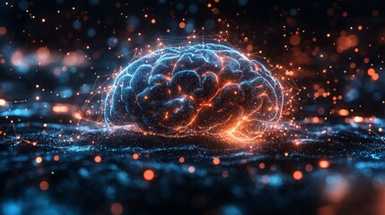 Poster - A vibrant abstract representation of a brain illuminated with neon lights and digital connections