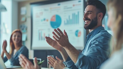 Poster - Cheerful businessman celebrates success during a meeting, showcasing teamwork and enthusiasm in a modern office environment with presentations and graphs in the background
