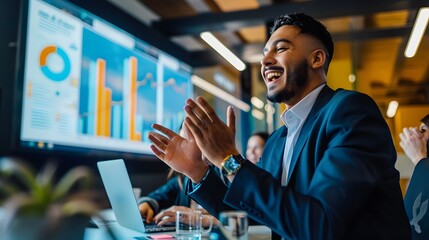 Poster - Happy businessman in a modern office environment celebrates success with colleagues, surrounded by data charts and graphs, showcasing teamwork and motivation in a professional setting.