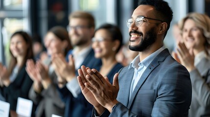 Poster - Positive Diverse Audience Clapping and Applauding at a Corporate Event with Glass Windows in the Background and Professional Attire