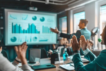 Poster - Business Presentation with Professionals Engaged in Applause in Modern Office Environment, Showcasing Graphs and Data on Large Screen During Meeting