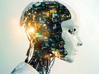 Poster - Futuristic robot head with intricate circuit design showcasing the fusion of technology and humanity, highlighting advancements in AI and robotics, with glowing elements and sleek features.