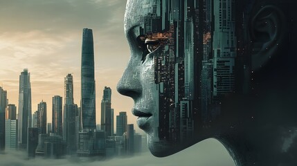 Aufkleber - Futuristic Urban Landscape Merging with Human Emotion Showcasing Technology and Nature Interaction in a Dreamlike Surreal Environment