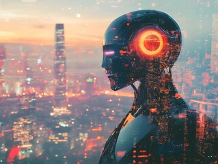 Poster - A Futuristic Robot Silhouette Against a Glowing Cityscape at Dusk, Showcasing Technology and Urban Life, with Vibrant Lights and Digital Elements