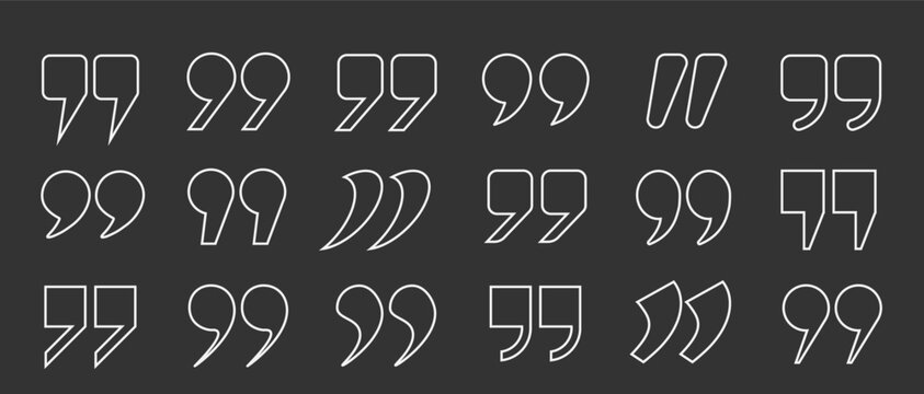 A set of white quotation mark outlines of different shapes on a gray background. A collection of quotation marks, a vector icon in the form of a comma. Vector EPS 10.