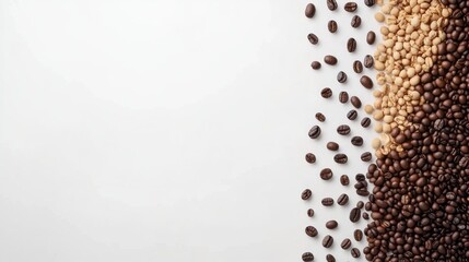Poster - Variety of coffee beans sprawled out on a white background featured alongside blank space for adding text or graphics. Generative AI