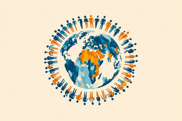 Poster - Colorful illustration of a globe surrounded by diverse figures, symbolizing global unity
