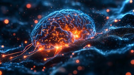 Poster - Illustration of a brain with neural connections glowing in a vibrant, abstract environment