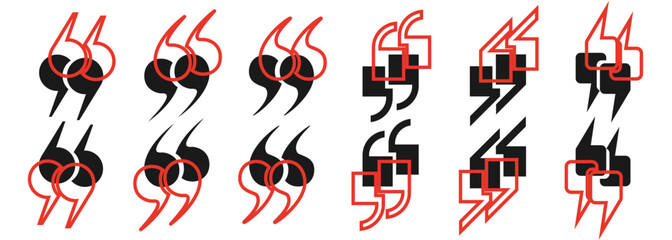 Poster - A set of black quotation marks and red quotation mark outlines on a white background. A collection of quotation marks, a vector icon in the form of a comma. Vector EPS 10.