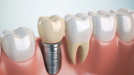 Aufkleber - Close-up of a dental implant secured in the jawbone, featuring a porcelain crown that completes the restorative process. Generative AI