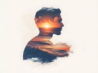Poster - Beautiful double exposure portrait of a man with ocean sunset reflecting in profile, showcasing nature and tranquility in a stunning artistic representation.