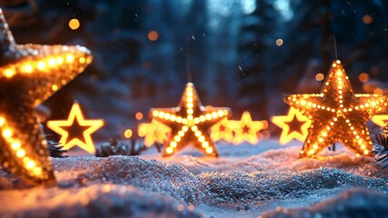 Sticker - Christmas stars and lights twinkling in the night sky, casting a magical glow over a winter wonderland scene. 4K Video