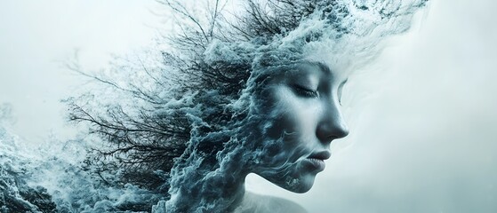 Poster - Ethereal Woman Surrounded by Flowing Water and Trees, Merging Nature and Human Form in a Dreamlike, Surreal Artistic Representation of Life's Connection to Elements