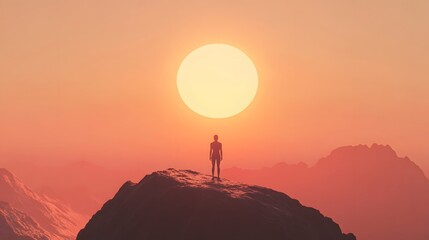 Poster - A Silhouette of a Person Standing on a Rocky Peak Against a Stunning Sunset Landscape with a Large Sun in the Background and Soft Orange and Pink Hues in the Sky