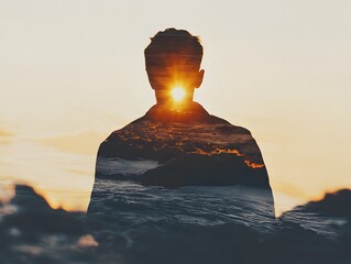 Aufkleber - Silhouette of a Person at Sunrise Over Ocean Waves, Capturing the Beauty of Reflection and Nature's Serenity in a Creative Double Exposure Technique