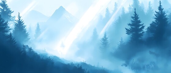 Poster - Enchanting Misty Landscape with Majestic Mountains and Dense Forests in Soft Blue Tones Evoking a Sense of Calm and Serenity Amid Nature's Beauty