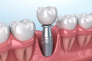 Aufkleber - This close-up view shows a dental implant securely placed in the jawbone, with a porcelain crown attached, highlighting advanced dental technology. Generative AI