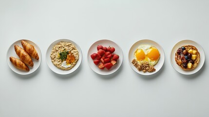 Aufkleber - Elegant breakfast options include nutritious porridge, fresh fruit, omelet, and croissants on white plates. Generative AI