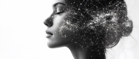 Poster - Surreal Portrait of a Woman with Cosmic Elements, Abstract Art Featuring Light Particles and Constellations Merged with a Silhouette in Black and White for Creative Representation