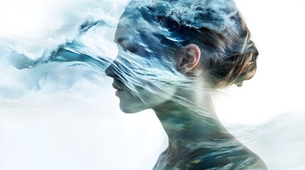 Poster - Ethereal Portrait of a Woman Merging with Ocean Waves in a Dreamy Surrealistic Style Representing Nature and Inner Serenity