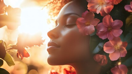 Poster - Serene Woman Surrounded by Colorful Flowers Embraces the Warm Glow of Sunlight, Capturing the Essence of Nature and Inner Peace in a Beautiful Outdoor Setting