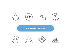 Poster - fully editable outline icon collection from traffic signs concept. thin line icons set such as port, no bicycle, curves, narrow road, biological hazard,