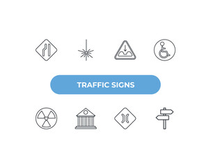 Poster - fully editable outline icon collection from traffic signs concept. thin line icons set such as narrow road, laser, pothole, narrow bridge, lane,