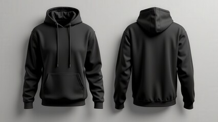 Wall Mural - Mockup black blank hoodie with front and back views, showcasing drawstrings, smooth fabric texture, and subtle lighting on a neutral gray background.