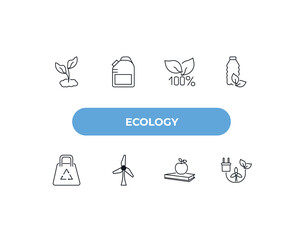 Aufkleber - fully editable outline icon collection from ecology concept. thin line icons set such as eco plant, biofuel, 100 percent natural, and books, renewable energy,