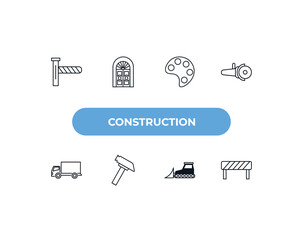 Poster - fully editable outline icon collection from construction concept. thin line icons set such as road barrier, big door, pallete, bulldozer, barrier,