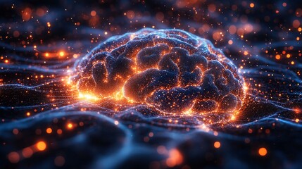 Poster - An abstract representation of a brain illuminated by vibrant lights against a dark background