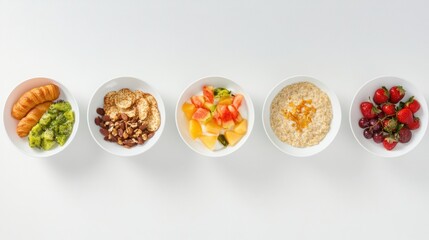 Poster - A delightful breakfast spread includes porridge, assorted fruits, a fluffy omelet, and a fresh croissant, perfect for a morning meal. Generative AI
