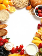 Aufkleber - A colorful breakfast selection with porridge, assorted fruits, an omelet, and a flaky croissant, perfect for starting the day right. Generative AI