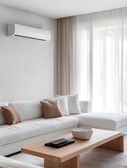 Poster - Modern Living Room with White Sofa, Air Conditioner, Wooden Coffee Table, Natural Light, and Elegant Curtains in Contemporary Interior Design Style