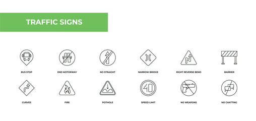 Aufkleber - fully editable outline icon collection from traffic signs concept. thin line icons set such as bus stop, end motorway, no straight, no weapons, no chatting,